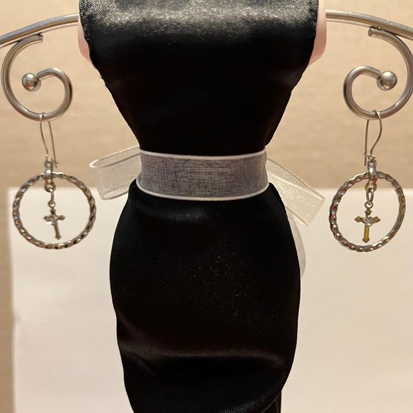 Dangling Hoop with Cross & Diamond GemStone Earrings - Picture 1 of 3